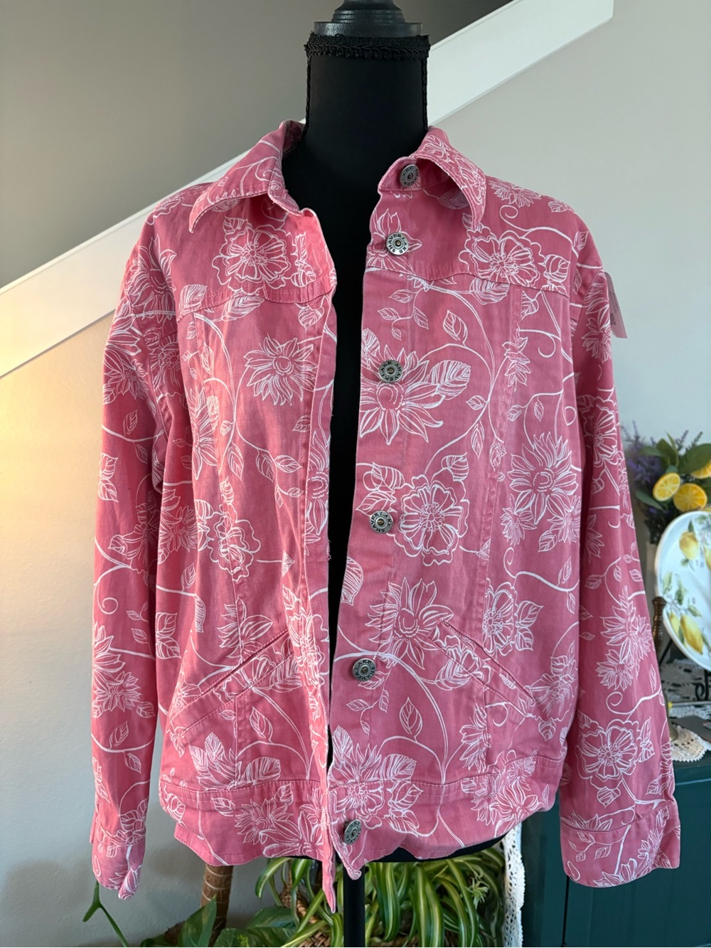 Floral Pink Button-Front Jean Jacket